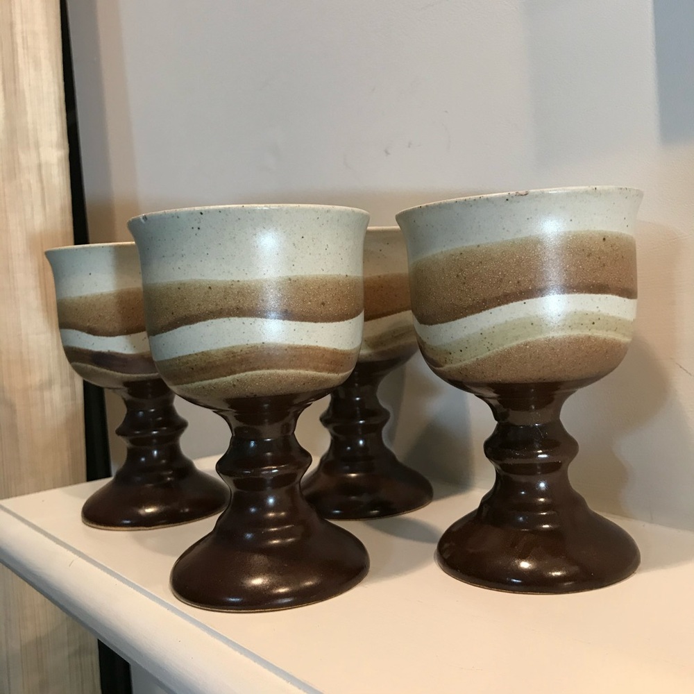 Vintage set of 4 Otagiri Japan Stoneware stemmed goblets. Tiny chip